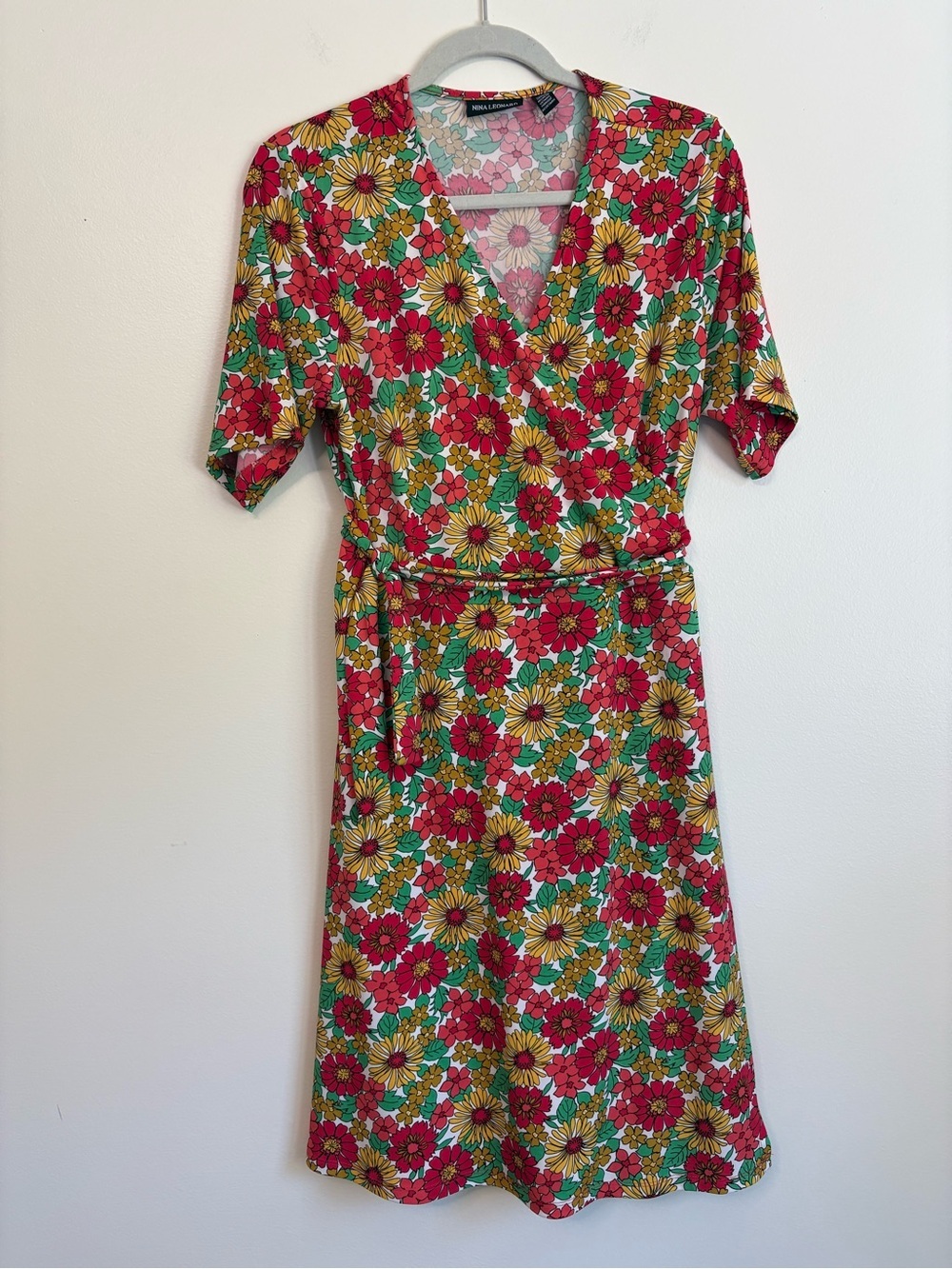 Nina Leonard Retro Faux Wrap Dress Red, Yellow & Green Floral Midi Dress sz L